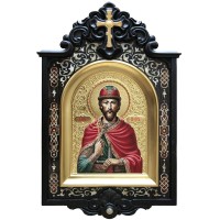 Настенная икона «Святой Князь Игорь» из янтаря и морёного дуба