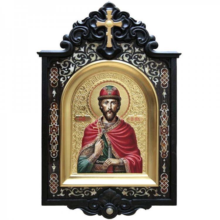 Настенная икона «Святой Князь Игорь» из янтаря и морёного дуба