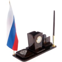 Настольный прибор «Россия» с часами и подставкой для ручки из обсидиана