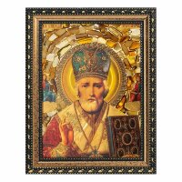 Витражная икона «Николай Чудотворец» из янтаря в багете