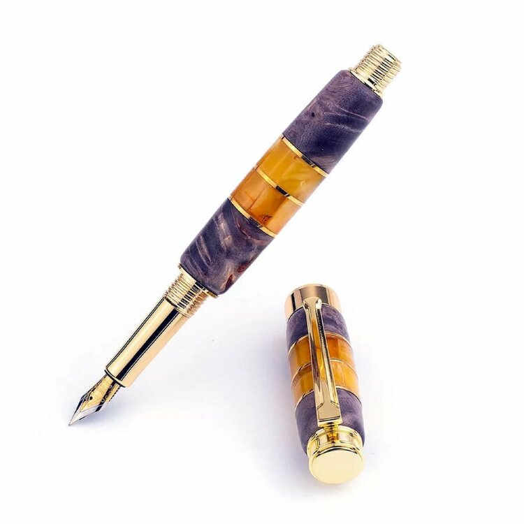 Позолоченная перьевая ручка «Люкс» из капа берёзы и янтаря