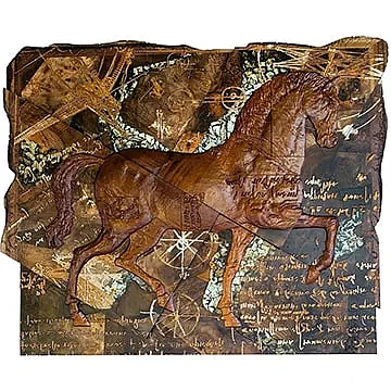 Большое резное панно «Лошадка от Леонардо» из ценных пород дерева