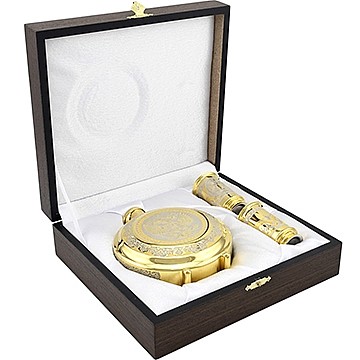 Подарочный набор фляга с двумя стопками «Герб России» &mdash; нержавеющая сталь с позолотой