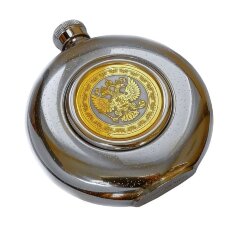Круглая позолоченная фляжка «Гербовая» для алкоголя
