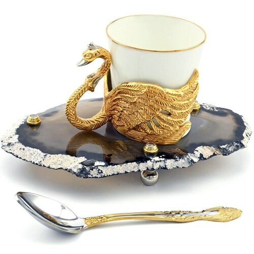 Подарочная кофейная пара «Лебедь» на агате в подарок девушке