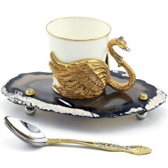 Подарочная кофейная пара «Лебедь» на агате в подарок девушке