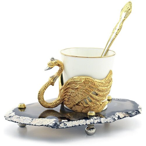 Подарочная кофейная пара «Лебедь» на агате в подарок девушке