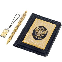 Подарочный набор «Герб России» с кожаной обложкой для паспорта, ручкой роллер и флешкой