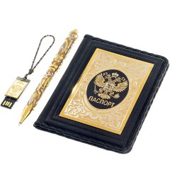 Подарочный набор «Герб России» с кожаной обложкой для паспорта, ручкой роллер и флешкой