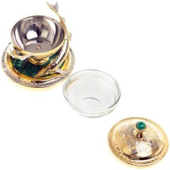 Золотая икорница с крышкой «Две стерлядки» на подставке из натурального камня малахит