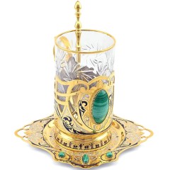 Чайный набор «МАЛАХИТ» — позолоченный подстаканник с ложечкой в подарок бабушке
