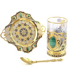 Чайный набор «МАЛАХИТ» — позолоченный подстаканник с ложечкой в подарок бабушке
