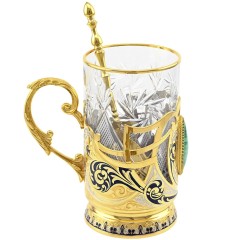 Чайный набор «МАЛАХИТ» — позолоченный подстаканник с ложечкой в подарок бабушке