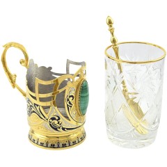 Чайный набор «МАЛАХИТ» — позолоченный подстаканник с ложечкой в подарок бабушке