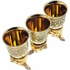 Позолоченные стопки перевёртыши «Рысь» (3 шт) в подарочном футляре