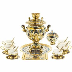 Позолоченный чайный сервиз «Лазурит» с самоваром на 6 персон