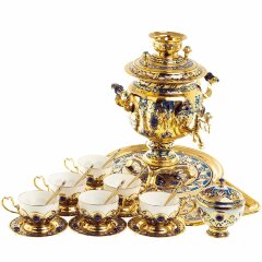 Позолоченный чайный сервиз «Лазурит» с самоваром на 6 персон