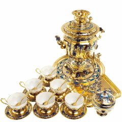 Позолоченный чайный сервиз «Лазурит» с самоваром на 6 персон