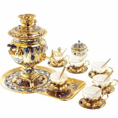 Позолоченный чайный сервиз «Лазурит» с самоваром на 6 персон