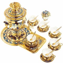 Позолоченный чайный сервиз «Лазурит» с самоваром на 6 персон