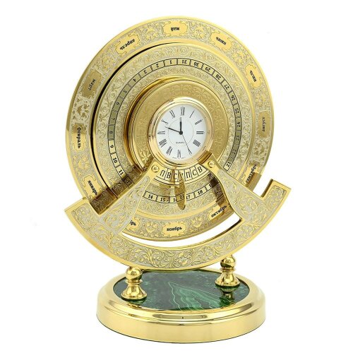 Кабинетные часы «Вечный календарь» на камне малахит в подарок начальнику