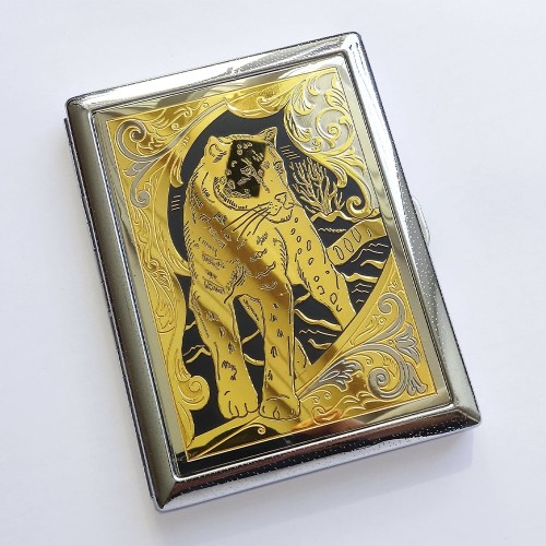 Металлический портсигар с позолотой «Пантера» на 10 сигарет