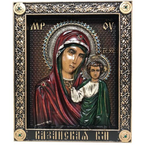 Большая резная икона «Казанская Божья Матерь» с кристаллами Сваровски