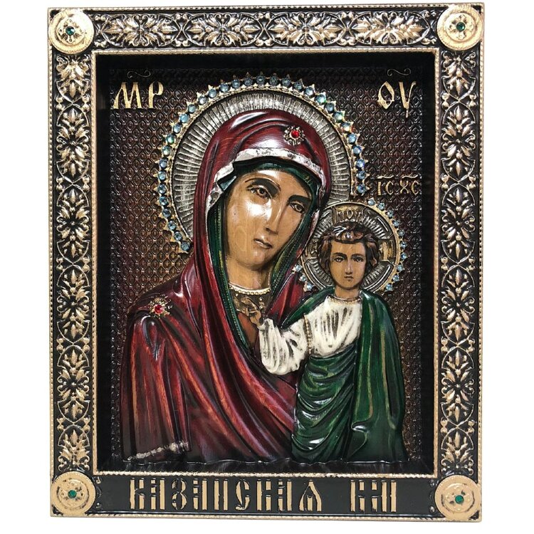 Большая резная икона «Казанская Божья Матерь» с кристаллами Swarovski