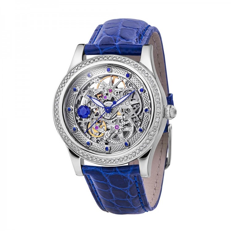 Серебряные женские часы «STARS» скелетон с сапфирами