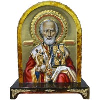 Подарочная икона ручной работы «Николай Чудотворец» из янтаря