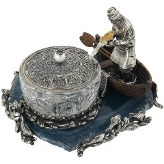 Хрустальная икорница «Старик с неводом» на срезе голубого агата