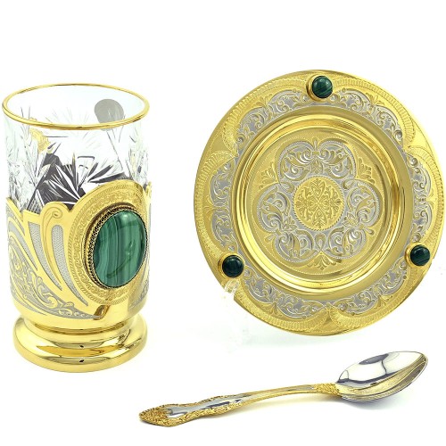 Подстаканник позолоченный «MALACHITE» на блюдце в подарочном футляре