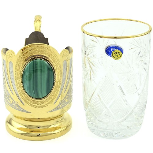 Подстаканник позолоченный «MALACHITE» на блюдце в подарочном футляре