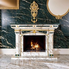 Элитный камин из натурального камня «Классицизм» (светлый мрамор, малахит) для интерьера дома