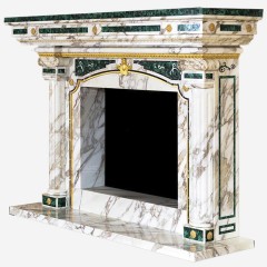 Элитный камин из натурального камня «Классицизм» (светлый мрамор, малахит) для интерьера дома