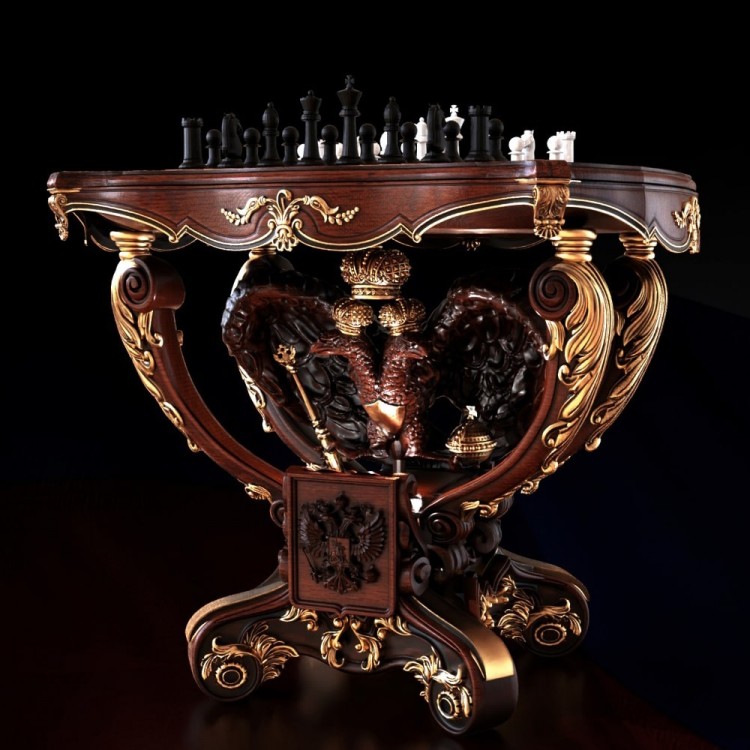 Резной шахматный стол «Герб Российской империи» из массива дуба