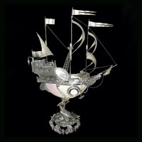 Серебряный корабль ручной работы «Корвет» из морской раковины NAUTILUS с часами