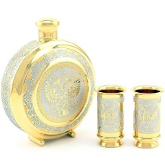Подарочный набор фляга с двумя стопками «Герб России» — нержавеющая сталь с позолотой