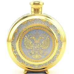 Подарочный набор фляга с двумя стопками «Герб России» — нержавеющая сталь с позолотой