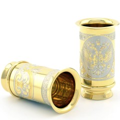 Подарочный набор фляга с двумя стопками «Герб России» — нержавеющая сталь с позолотой