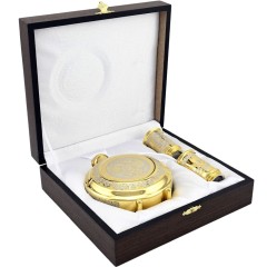 Подарочный набор фляга с двумя стопками «Герб России» — нержавеющая сталь с позолотой