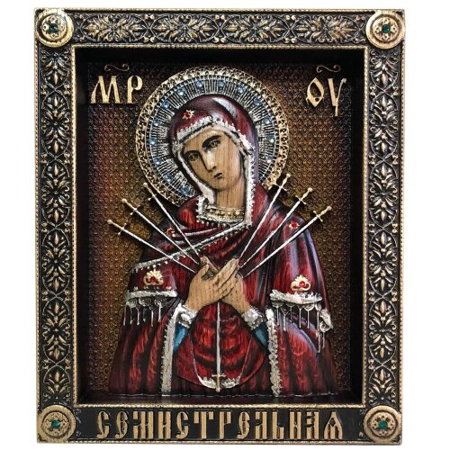 Большая резная икона «Семистрельная Божья Матерь» с кристаллами Сваровски