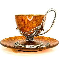 Подарочная чайная чашка из янтаря «Колосок» с блюдцем