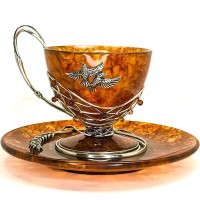Подарочная чайная чашка из янтаря «Колосок» с блюдцем