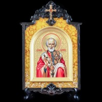 Подарочная икона «Николай Чудотворец» из янтаря и морёного дуба