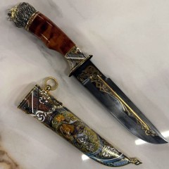 Подарочный нож «Лев» с головой царя зверей на деревянной рукояти (чёрный граб) в коллекцию  мужчины
