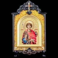 Подарочная икона «Георгий Победоносец» из янтаря и морёного дуба
