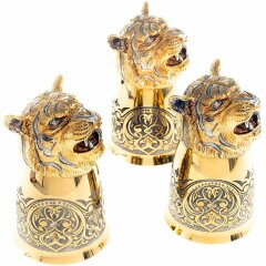 Позолоченные стопки перевёртыши «Тигр» (3 шт) в подарочном футляре