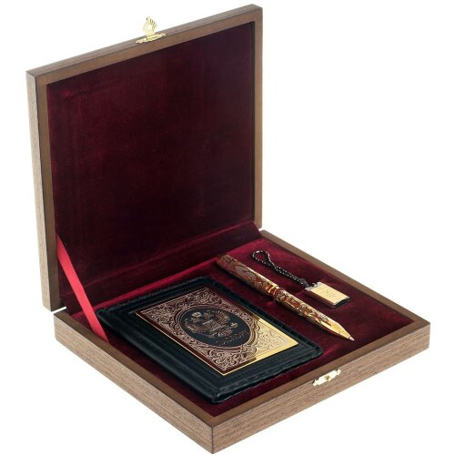 Подарочный набор обложка для паспорта «Герб России» с флешкой (32 Гб) и ручкой