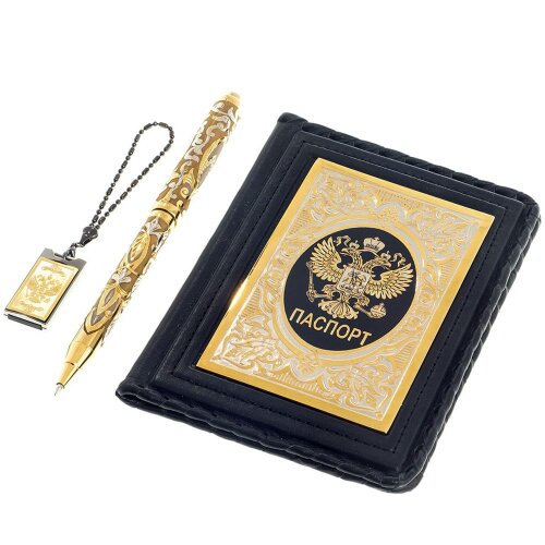 Подарочный набор обложка для паспорта «Герб России» с флешкой (32 Гб) и ручкой